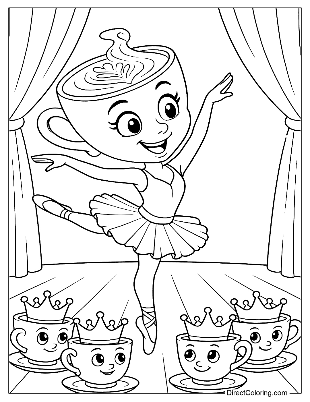 a coloring page of Cappuccina performing in front of an audience full of royal espresso cups